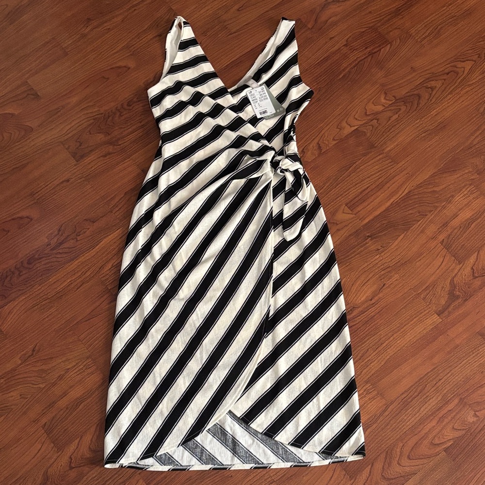H&M Black and White Striped Midi Wrap Dress | Size Small